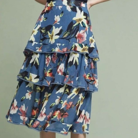 New Anthropologie Tiered Blue Floral Midi Skirt by Foxiedox Size L - Picture 2 of 7